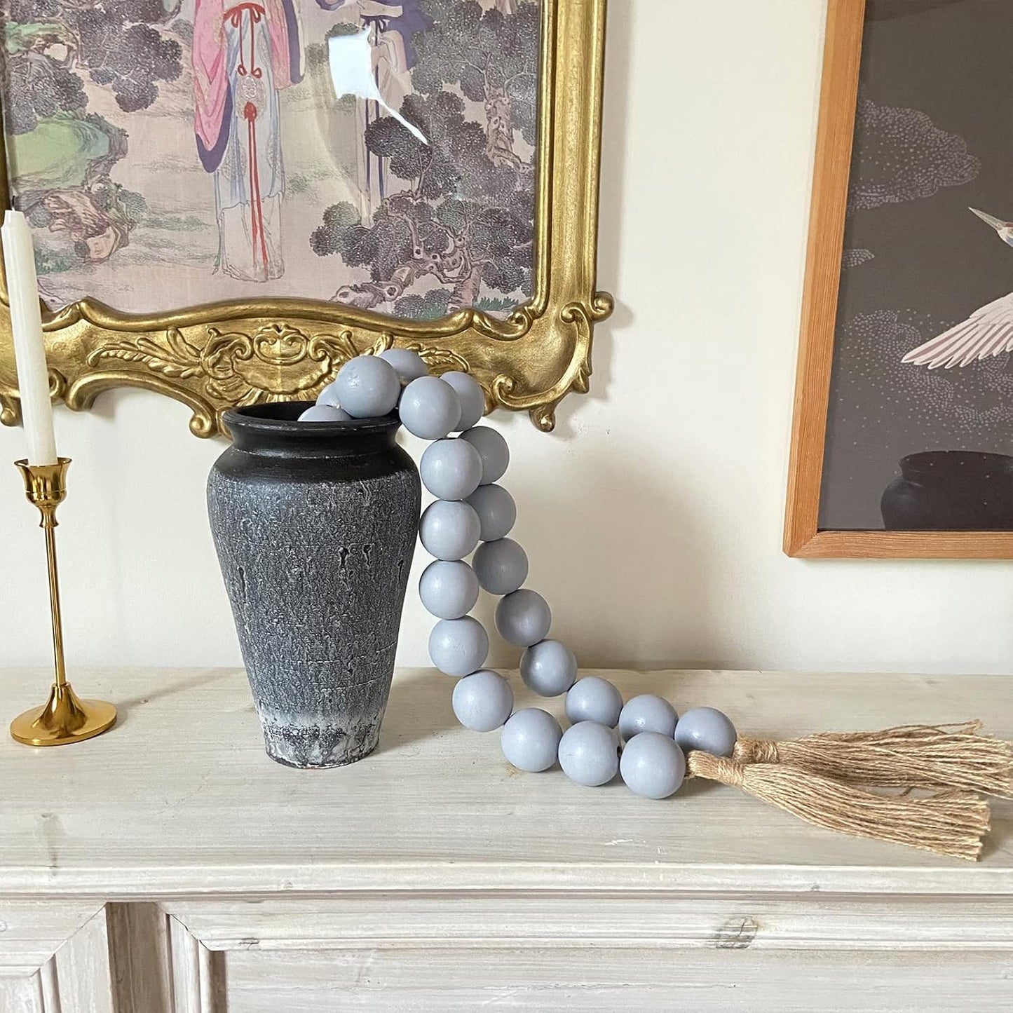 OMISHE Extra Large Wood Bead Garland with 1.6" Diameter Wooden Beads and Tassels, 41" Long Rustic Farmhouse Country Decorative Beads for Home Tiered Tray Decor, Natural Beige