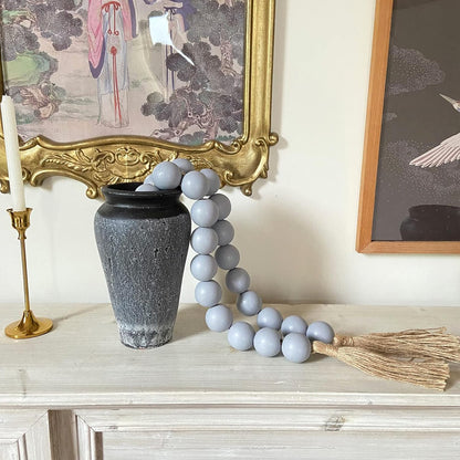 OMISHE Extra Large Wood Bead Garland with 1.6" Diameter Wooden Beads and Tassels, 41" Long Rustic Farmhouse Country Decorative Beads for Home Tiered Tray Decor, Natural Beige