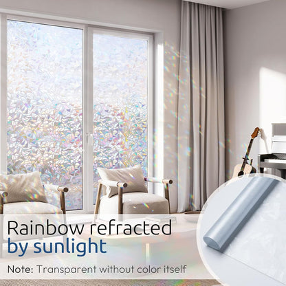 rabbitgoo Window Privacy Film Rainbow Film Decorative Window Sticker, 3D Static Stained Glass Cling Tint for Home Heat Control Non-Adhesive, 17.5 x 78.7 inches