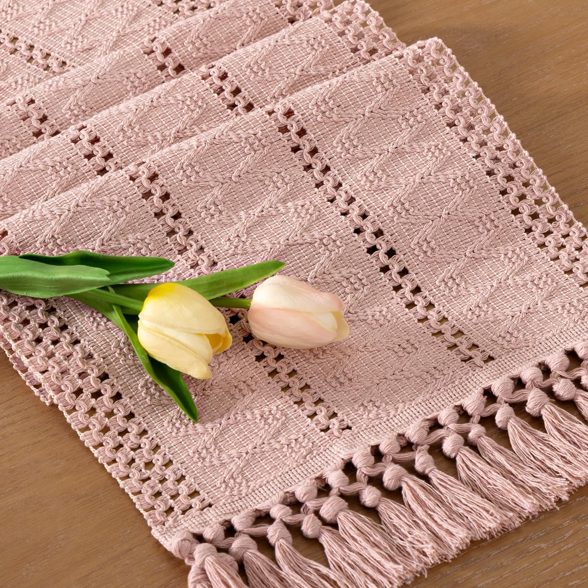 Socomi Boho Table Runner Summer Farmhouse Rustic Dining Kitchen Centerpiece Decor Small Macrame Woven Cotton Linen Coffee Table Runner for Dresser Scarf Home Decor 12x36 inch Beige