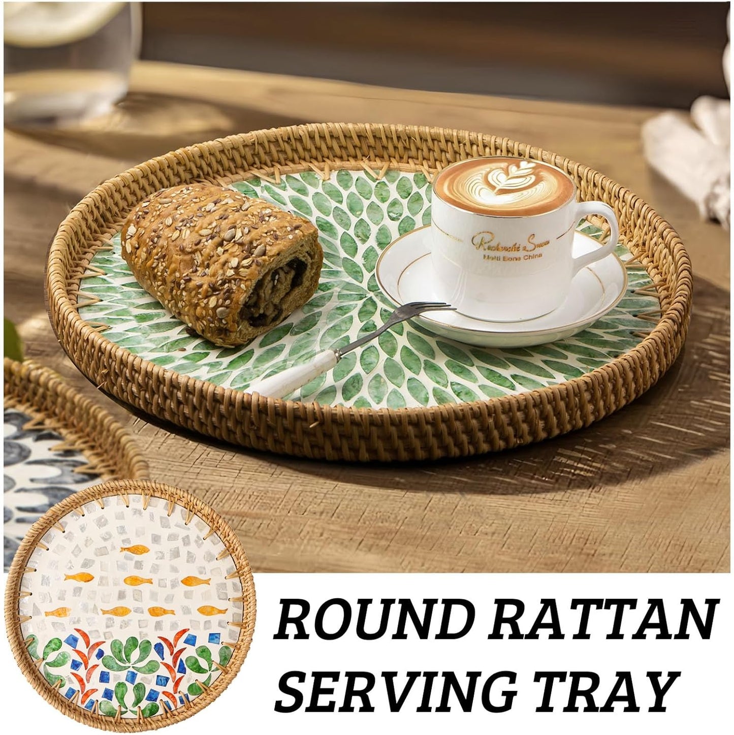 Round Rattan Tray with Mother of Pearl Inlay, Decorative Wicker Serving Tray with Wooden Base, Woven Basket Trays for Bread Fruits Coffee, Leaf