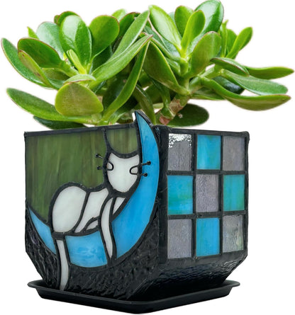 Tiffany Stained Glass Fun Moon Sleeping Cat Planter，Cactus Planter，Cute Planters for Indoor Plants,Decorative Flower Pots As Gifts for Cat Lovers，4.6x3x5.15 in