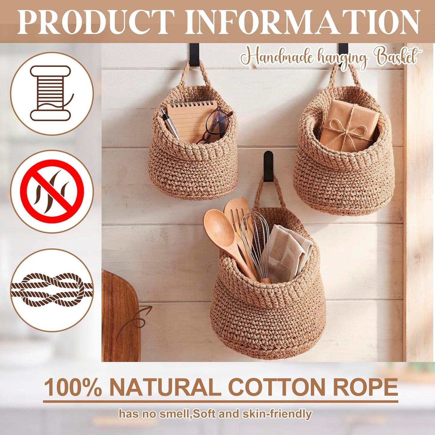Honeydak Boho Decor Hanging Wall Baskets for Kitchen 3 Pack Teardrop Baskets with Hooks Storage Fruit Onion Vegetable Potato for Home 3 Sizes(Linen,Teardrop,Jute)