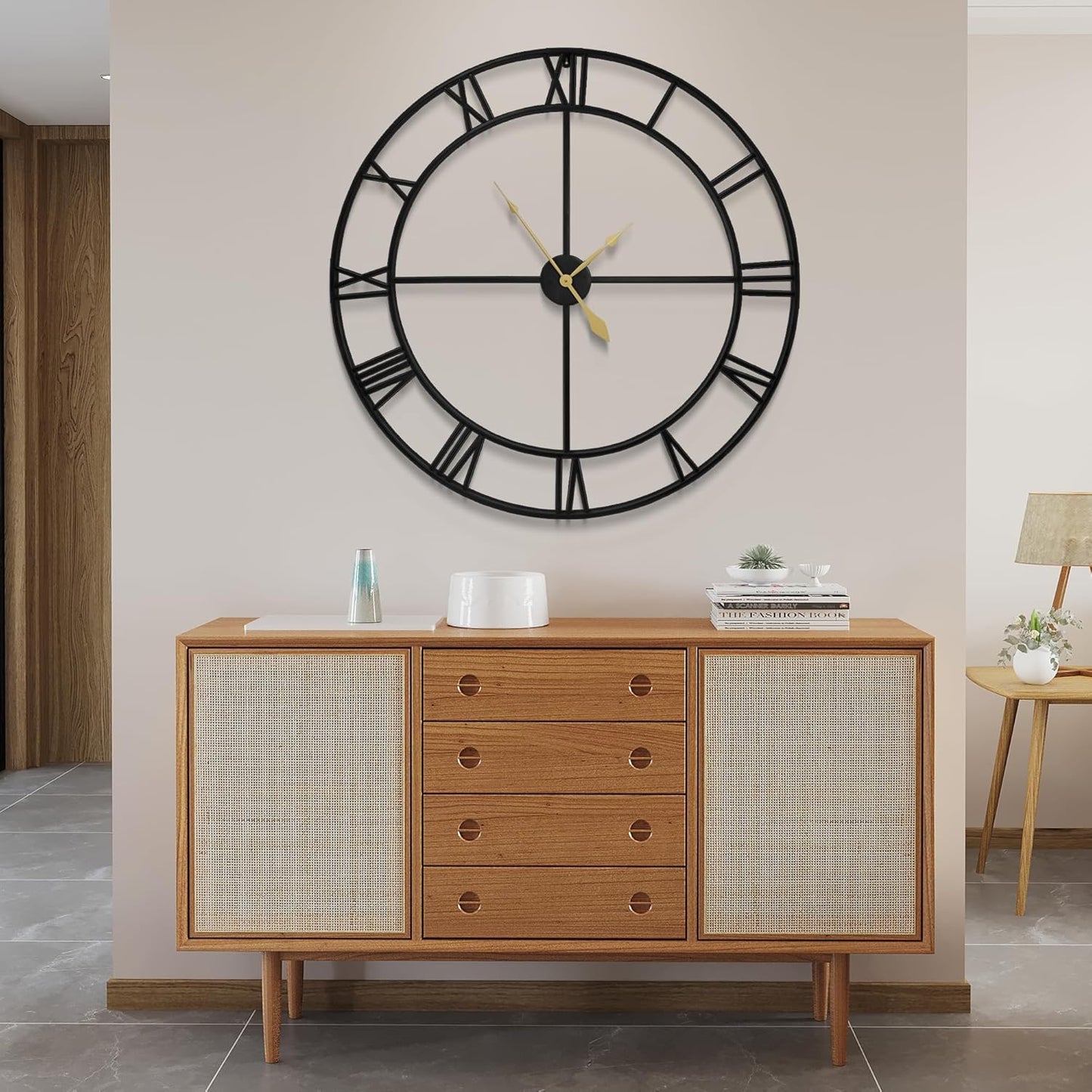 LEIKE 16" Large Wall Clocks Battery Operated, Round Modern Silent Non-Ticking Black Metal Wall Clock for Living Room Decor, Bedroom Kitchen (40cm Diameter, Black Roman Number)