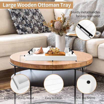 SXNOWS Coffee Table Trays - Large Ottoman Tray for Living Room -Wood Serving Tray with 2 Sets of Handles - Wooden Tray for Coffee Table, 4 Round Coasters Included, Black