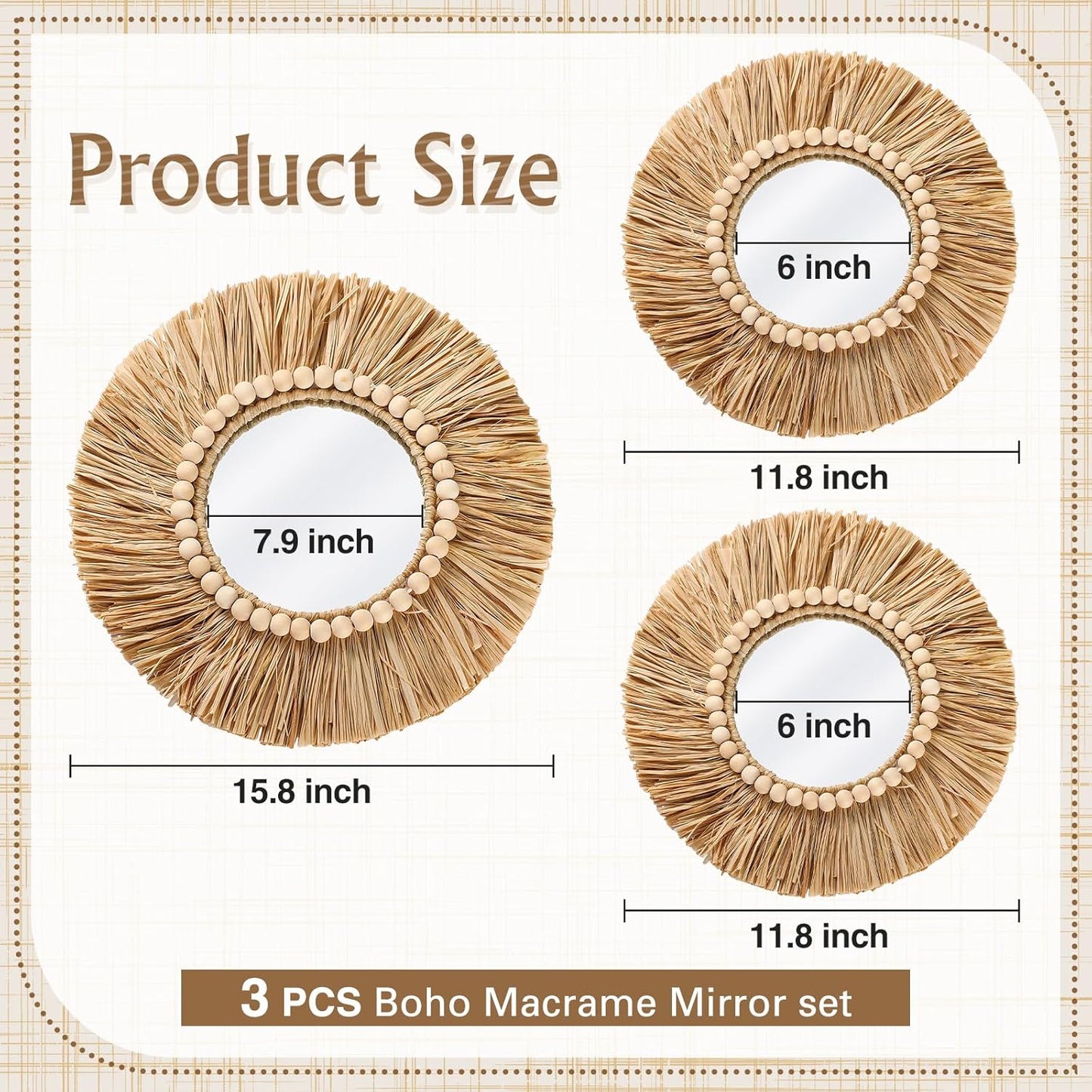 3 Pcs Boho Raffia Mirror Wall Hanging Decor 15.8 Inch 11.8 Inch Rustic Round Boho Circle Mirrors with Wood Bead Farmhouse Aesthetic Nursery Mirrors for Bedroom Living Room Bathroom Wall Decor