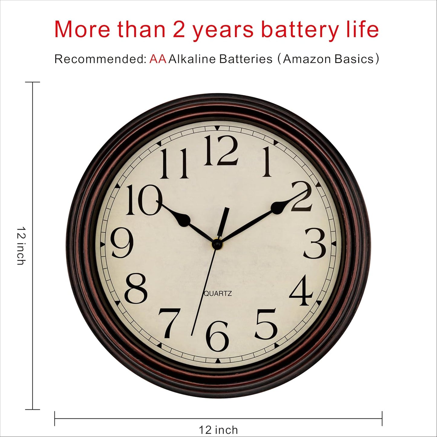Foxtop Retro Silent Non-Ticking Round Classic Clock Quartz Decorative Battery Operated Wall Clock for Living Room Kitchen Home Office 12 Inch (Bronze)
