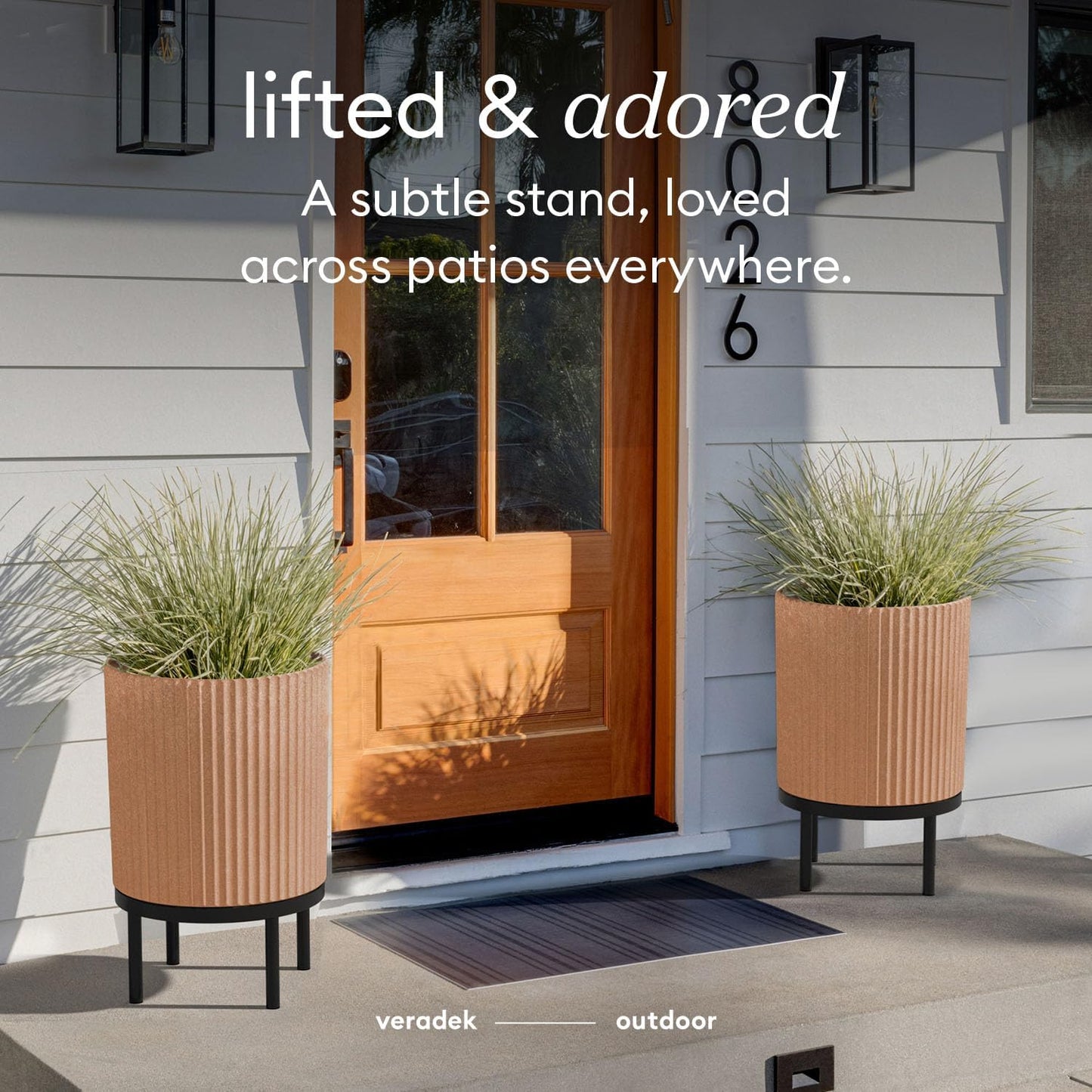 Veradek Demi Series Round Planter w/ Stand for Porch/Patio | Durable Plastic-Concrete & Wooden Stand | Modern Décor for Tall Plants, Flowers