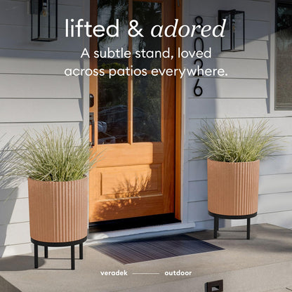 Veradek Demi Series Round Planter w/ Stand for Porch/Patio | Durable Plastic-Concrete & Wooden Stand | Modern Décor for Tall Plants, Flowers