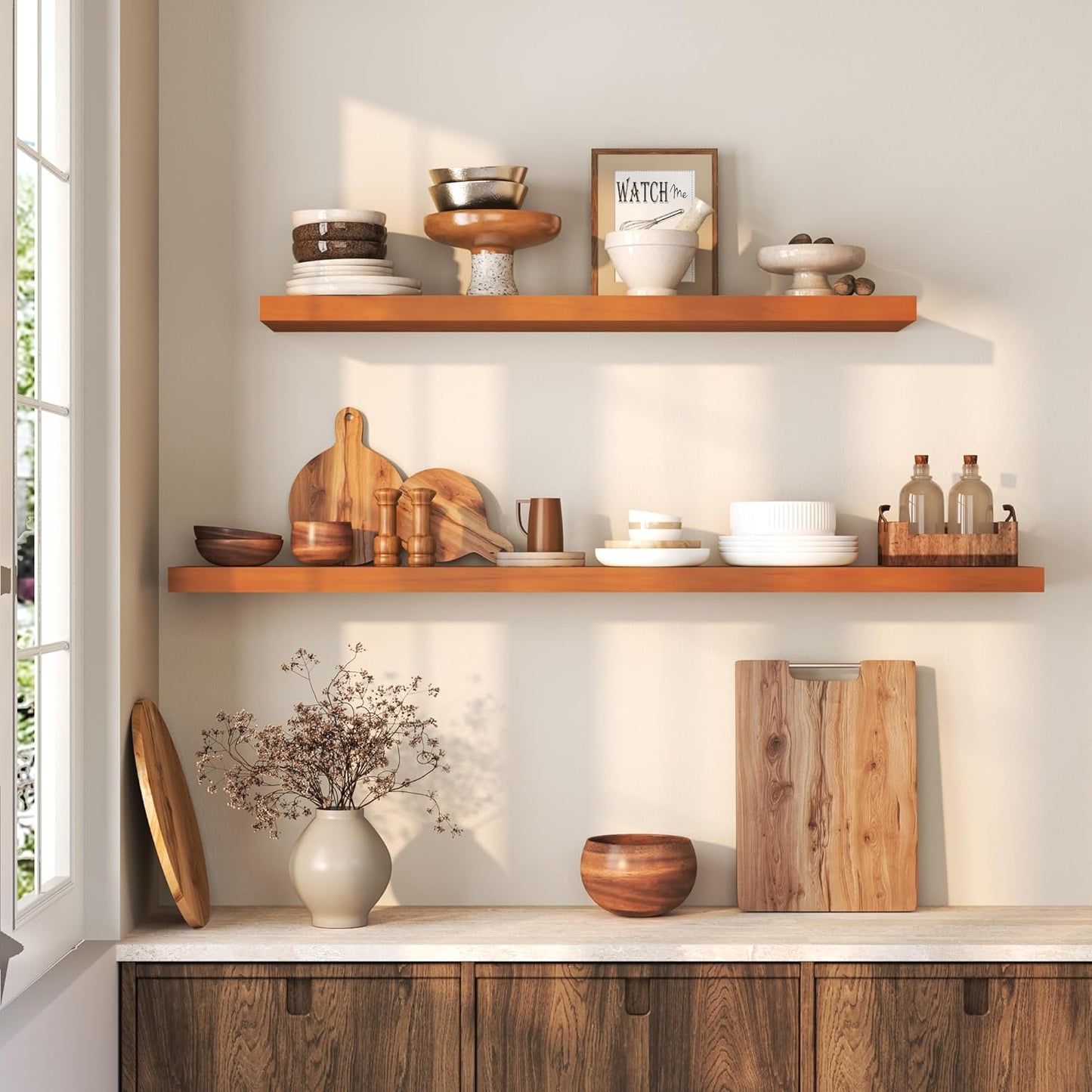 Floating Shelves 36 Inches Long - 8 Inch Deep Rustic Premium Solid Pine Wood for Storage - Farmhouse Wall Mounted for Living Room - Heavy-Duty Metal Bracket - 36" W x 8" D - Set of 2 - White Color