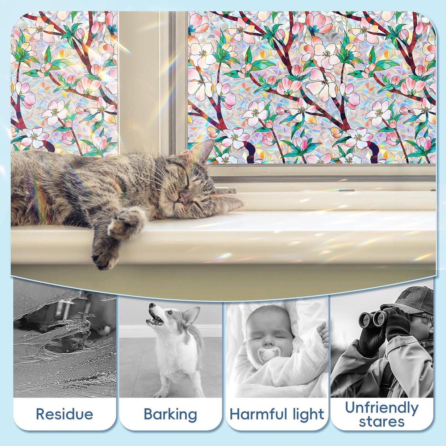 Dwersty Rainbow Window Privacy Film with Cutting Reference Line, 3D Decals Stained Glass Clings, Static Cling Sticker, Suncatcher Windows Cover Tint for Home, 17.5 Inch x 78.74 Inch