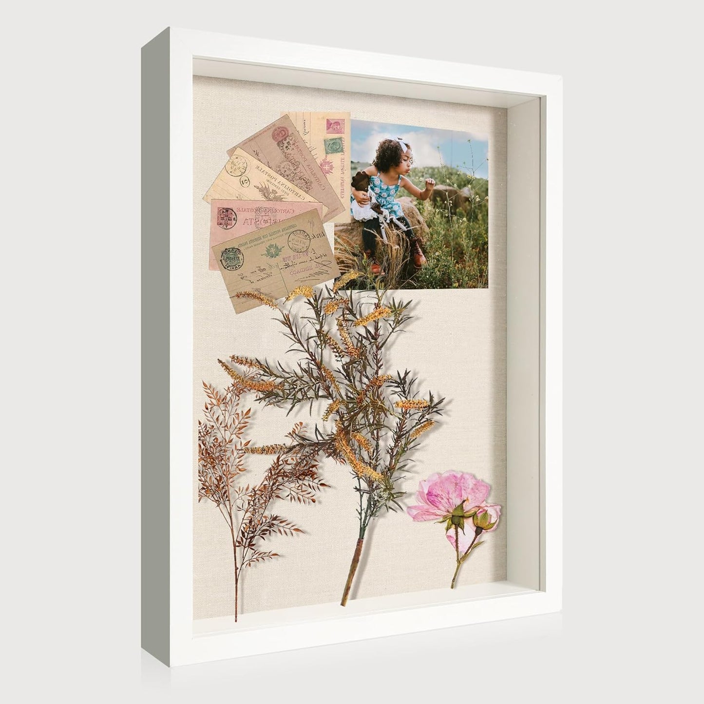 12x16 Large Shadow Box Picture Frame Display Case with Soft Linen Back, White Wooden Memory Shadow Box Frame with Tempered Glass Cover for Wall Display