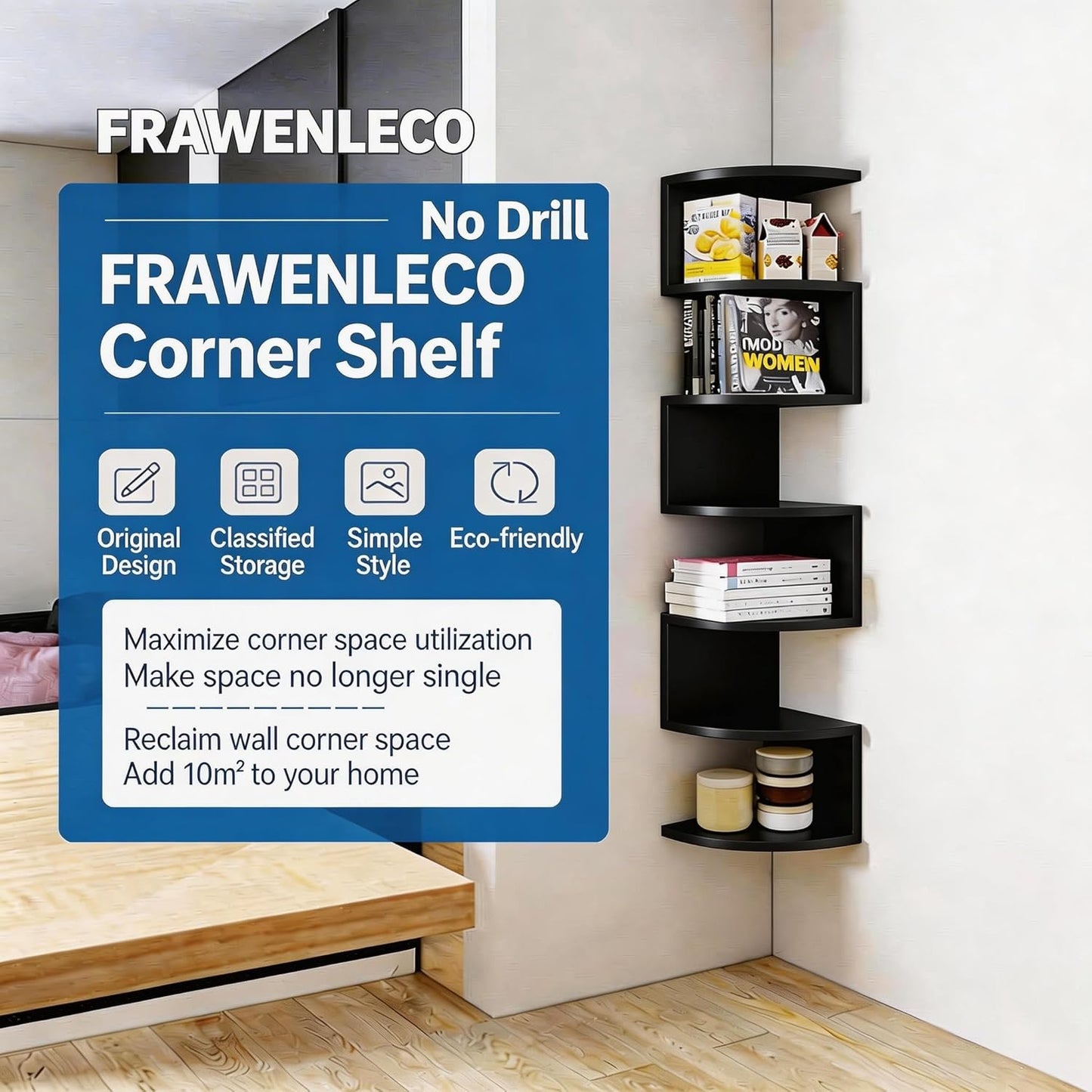 No-Drill Corner Shelf Wall Mount, 5-Tier Floating Corner Bookshelf with Hooks, Space-Saving Zigzag Plant Shelf for Bedroom, Living Room, Bathroom, Home Office