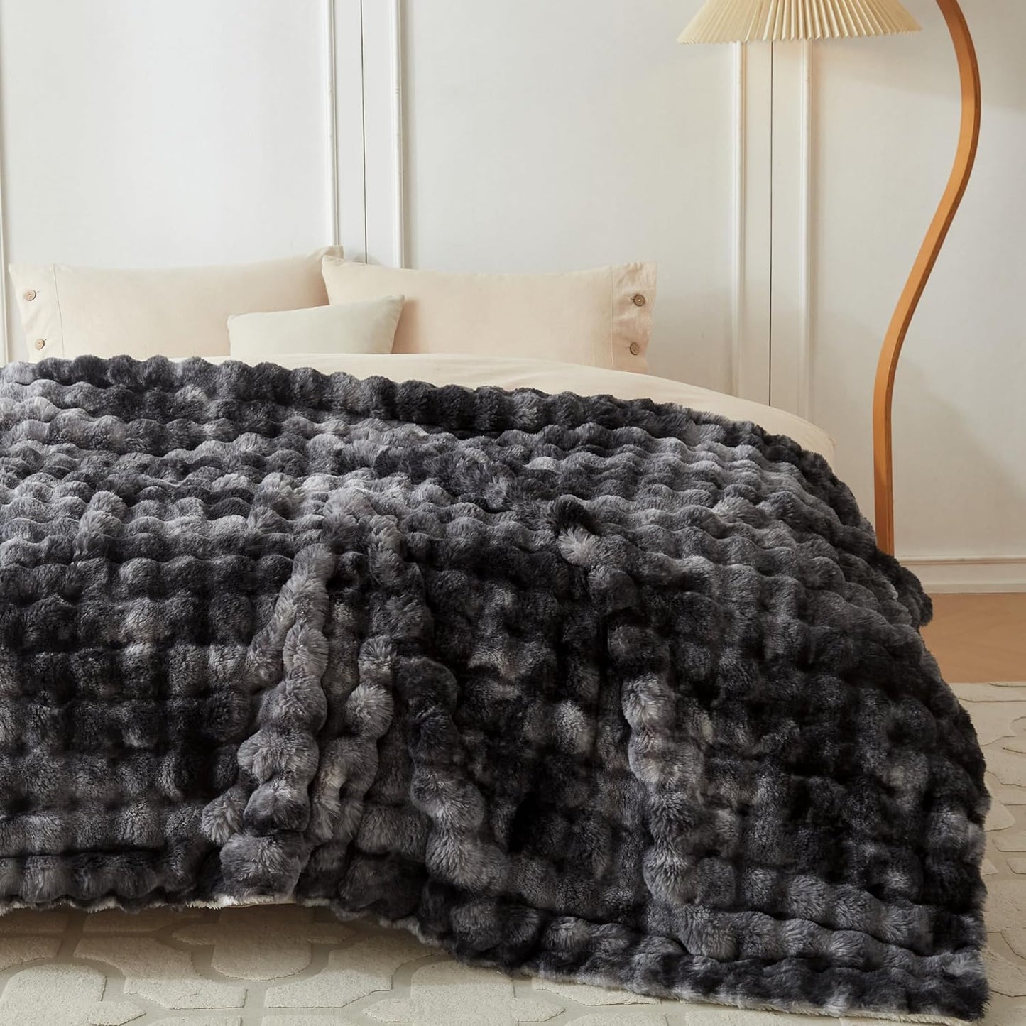 COOVA Faux Fur Throw Blanket for Couch, Cozy Soft and Fuzzy Plush Rabbit Fur Bubble Blanket for Sofa Bedroom Living Room, 50x60 Inches Tie Dye Brown