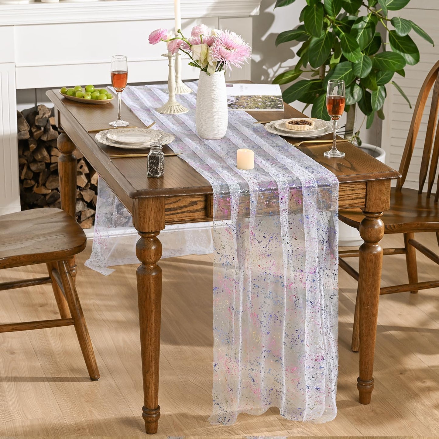 Artoid Mode Beige Gold Gauze Table Runner 120 Inch 10FT, Glitter Metallic Foil Sheer Dining Wedding Anniversary Holiday Birthday Table Decor for Home Party