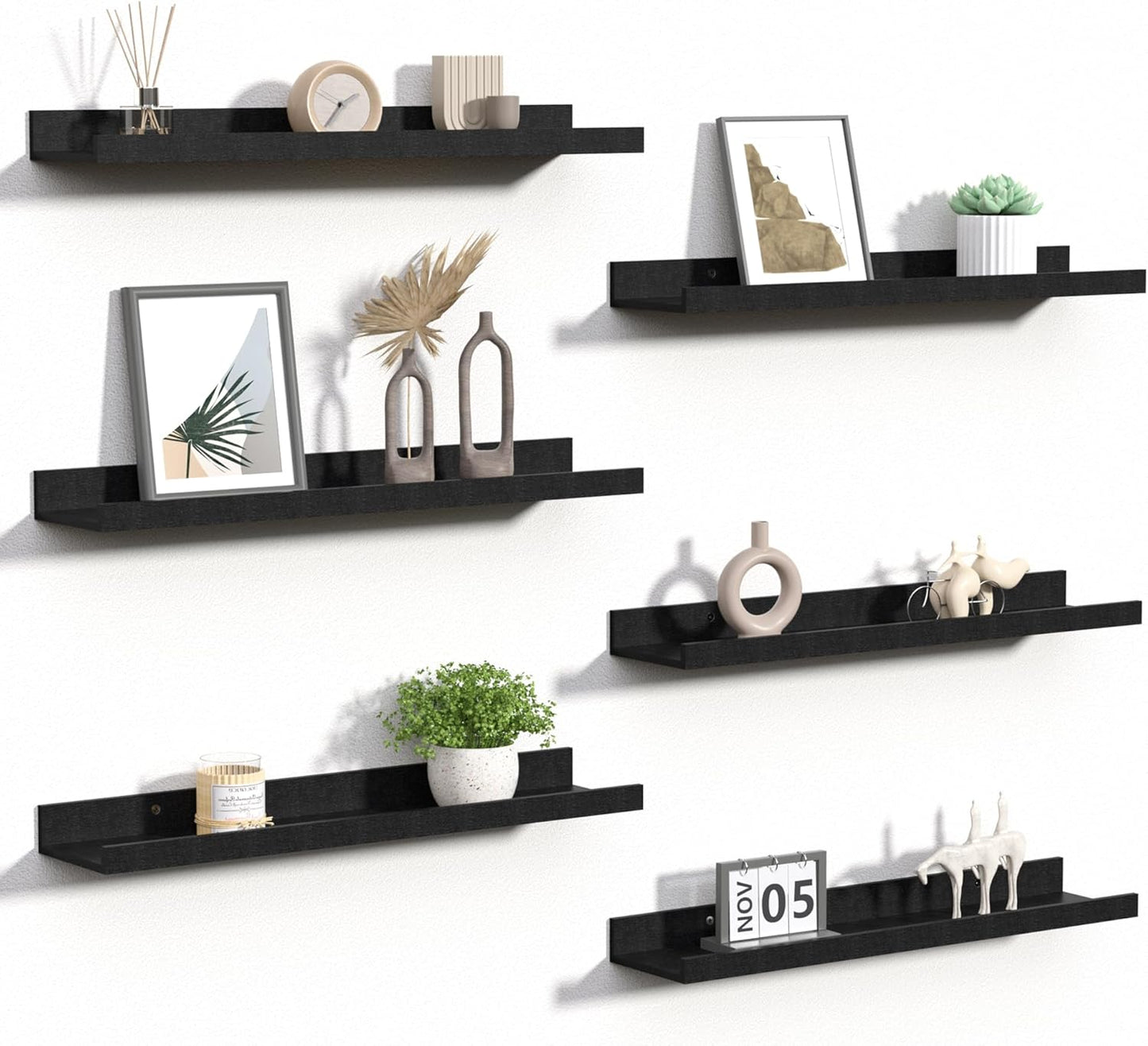 upsimples 6 Pack Wooden Floating Shelves, Wall Storage Decor Shelf for Bathroom, Bedroom, Living Room, Kitchen, Office and Laundry Room, Wall Mounted Display Hanging Shelf, Brown