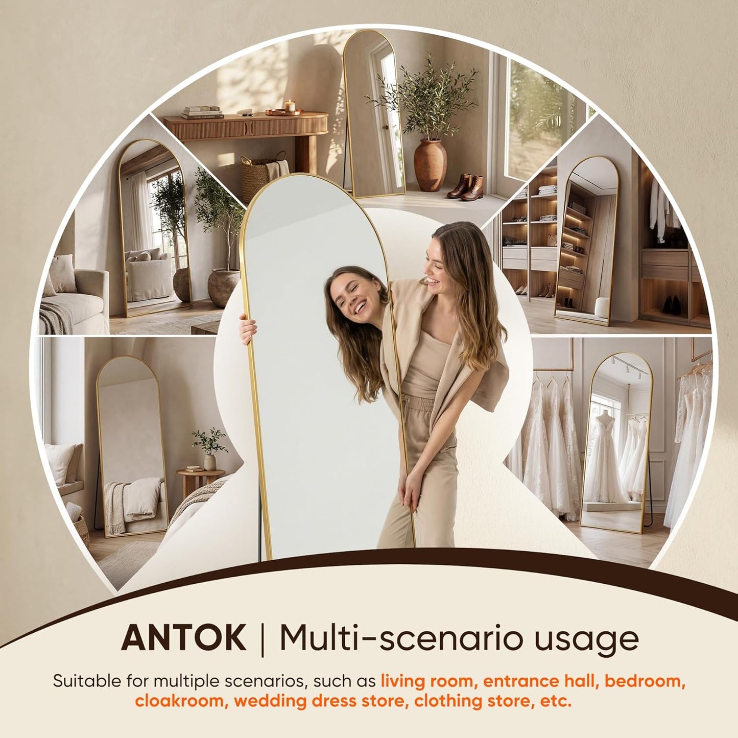 Antok 71" x28” Arched Full Length Floor Mirror, Black Aluminum Frame, Free Standing/Wall Mount/Leaning for Bedroom, Living Room, Dressing Room