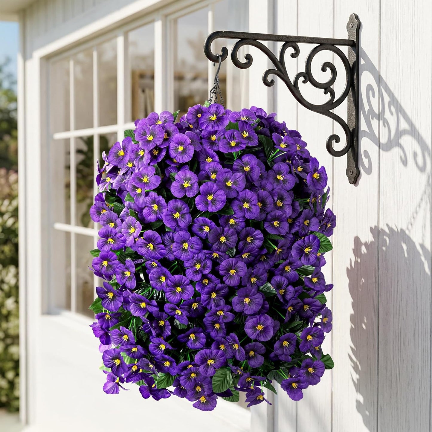 HyeFlora Artificial Flowers for Outdoors, 2pcs Faux Silk Pansies Flowers UV Resistant Fake Hanging Flower Plants for Outside Planters Porch Yard Patio Window Box (Mix Purple)