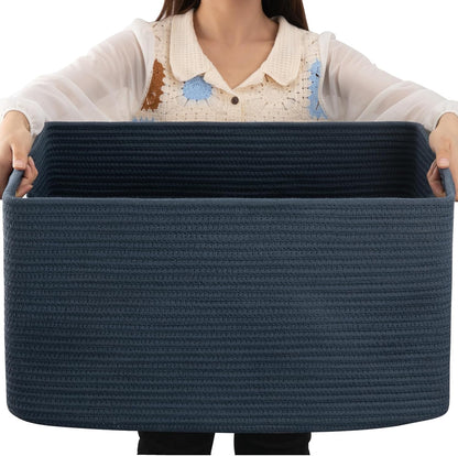 OIAHOMY 75L Large Woven Cotton Rope Storage Basket with Handle for Organizing Blanket and Toys for Living Room, Nursery, Brown Variegated 22”x17”x12”