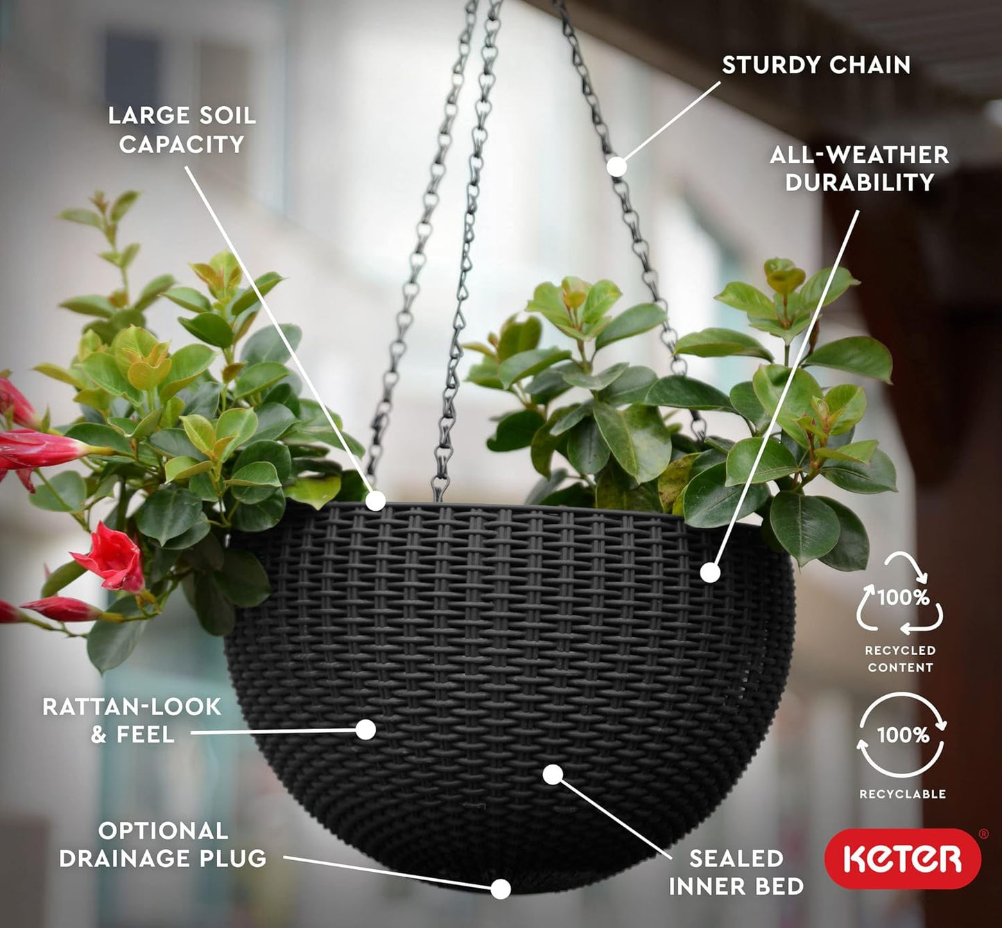 Keter Resin Rattan Set of 2 Round Hanging Planter Baskets for Indoor and Outdoor Plants-Perfect for Porches and Patio Decor, Cappuccino