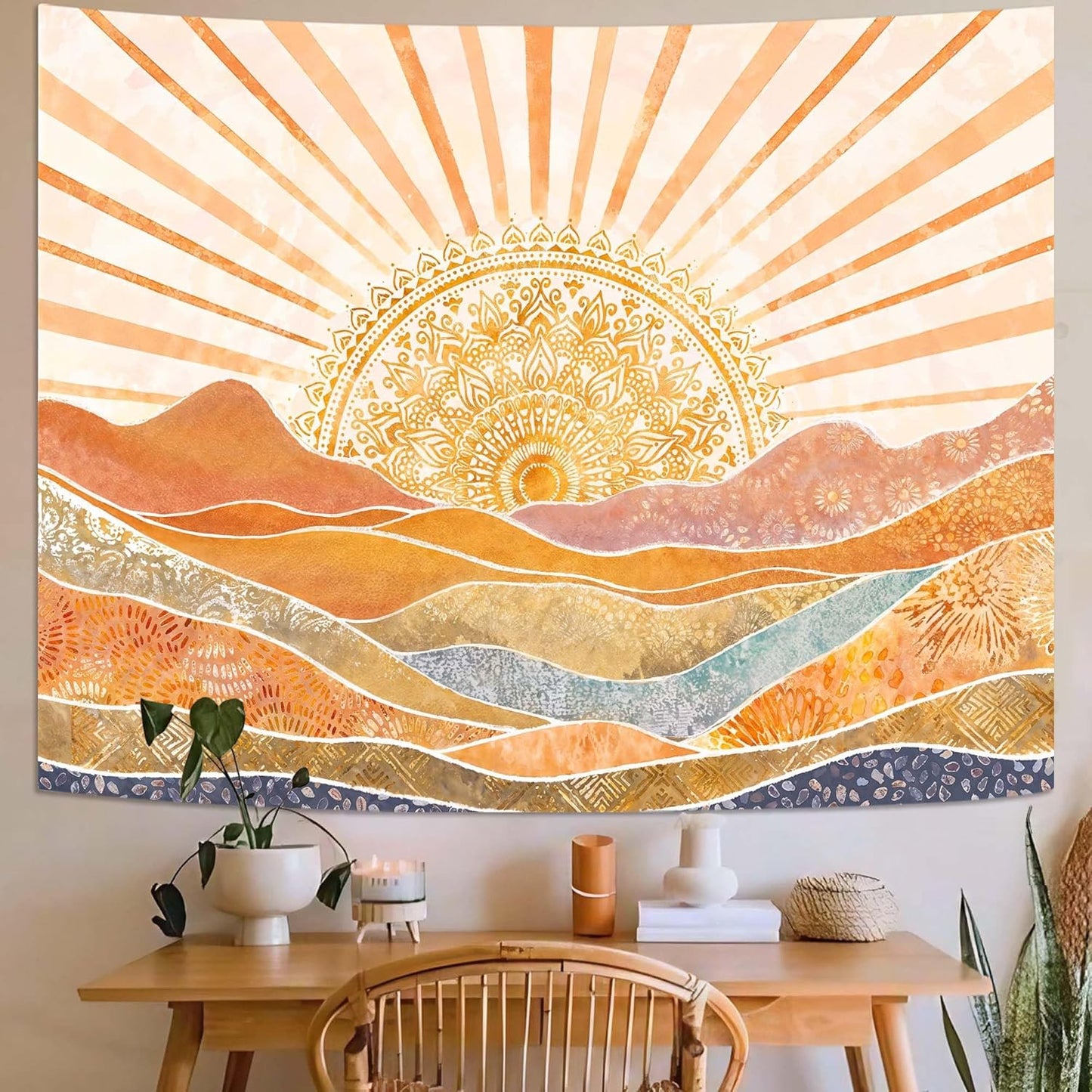 Lunerfex Bohemian Mandala Sunrise Wall Tapestry, Abstract Mountain Scenery Tapestries for Home Decor, Boho Tapestry 48x36 Inch