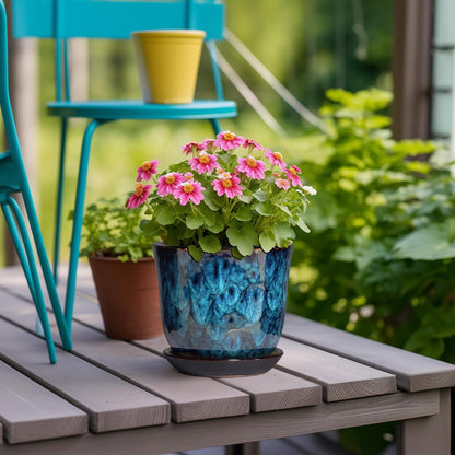 Ceramic Plant Pots - 12 Inch Pots for Plants Indoor Outdoor, Large Round Planter with Drainage Hole and Saucer, Modern Decorative Flower Pot, Home Garden Decor, House Warming Gifts, Blue