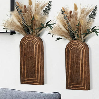 Wooden Wall Planter Set of 4 - Modern Home Decor for Living Room, Bedroom, Bathroom - Walnut Finish Planter for Dried Flowers, Faux Greenery, Indoor Plants