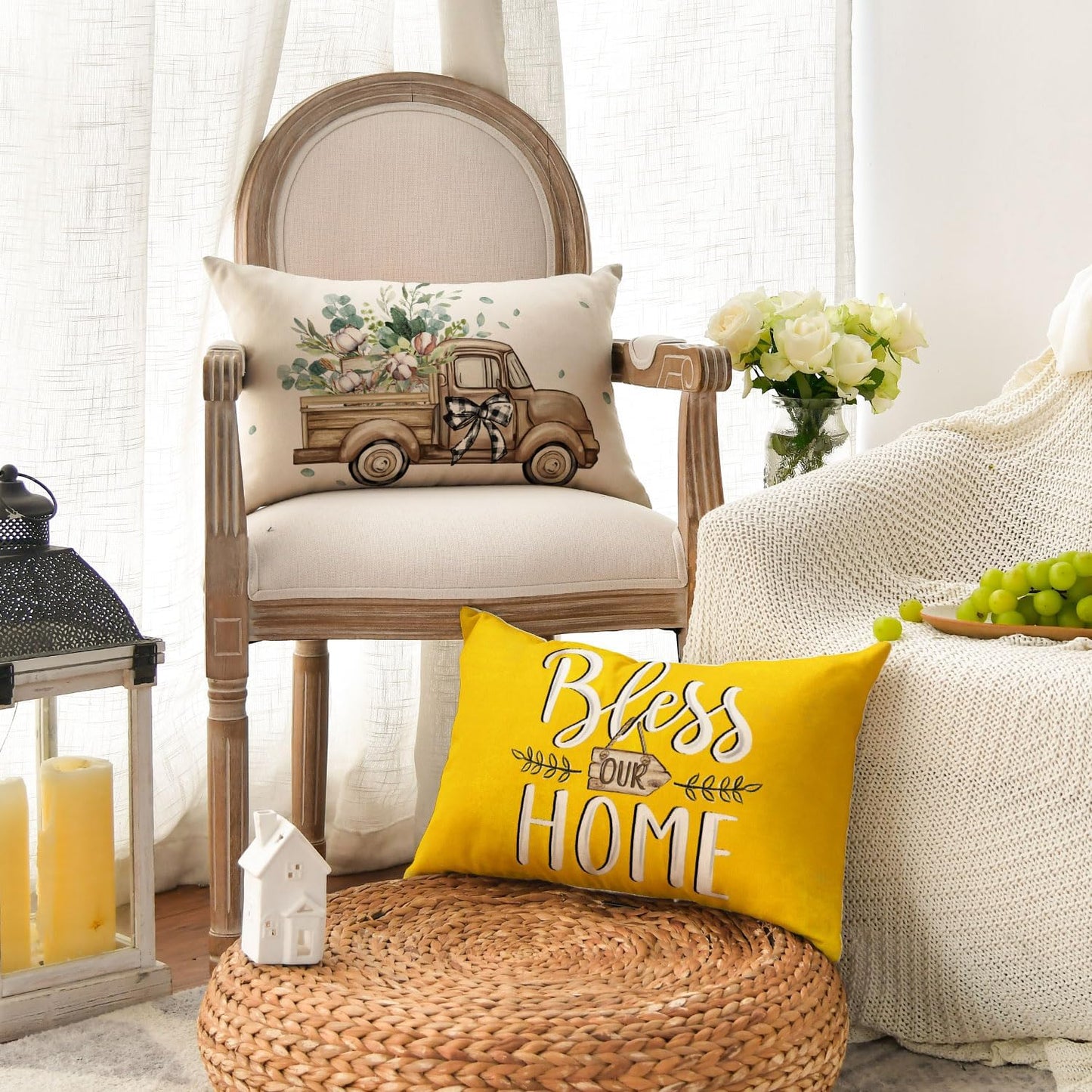 AVOIN colorlife Bless Our Home Farmhouse Eucalyptus Leaves Throw Pillow Covers, 18 x 18 Inch Truck Home Sweet Home Cushion Case Decorations Set of 4