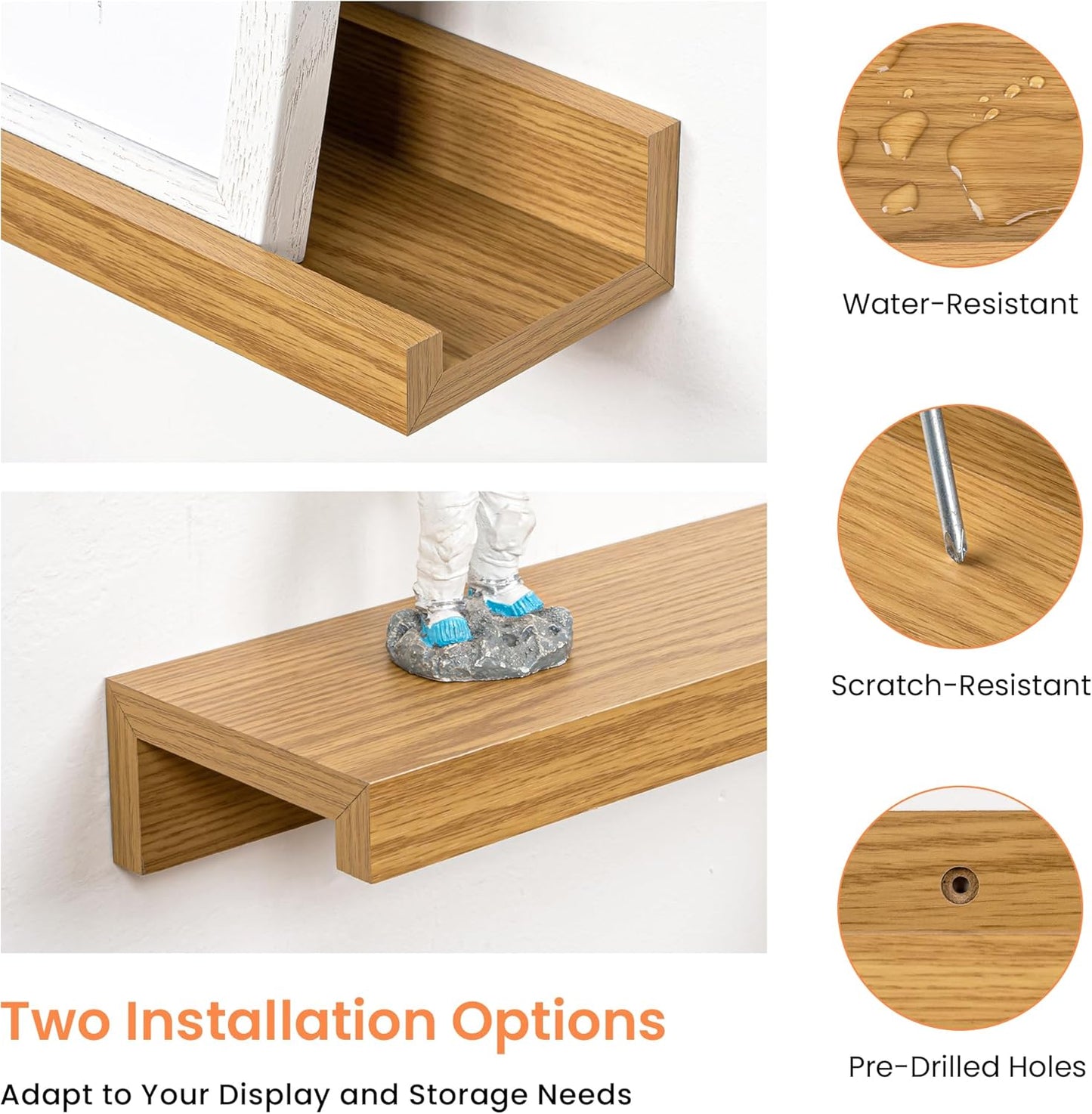 RICHFOCUS Picture Ledge Shelf, 24 inch Floating Shelves Set of 2, Wood Wall Shelves with Lip, Wall Decor Storage for Bedroom Living Room Bathroom Kitchen Nursery Photo Picture, Walnut