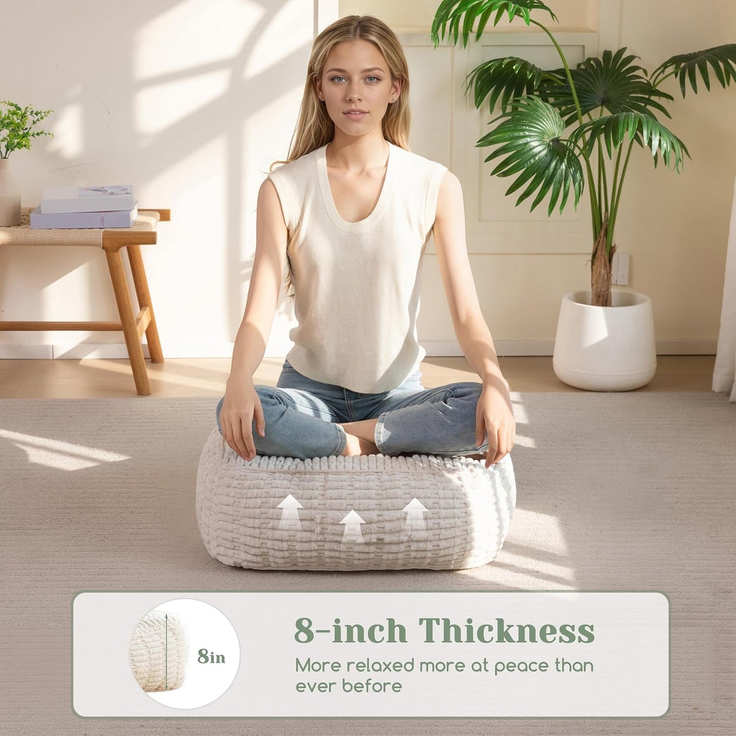 HIGOGOGO Floor Pillow Cushion for Adults, Meditation Cushion Pillow, Blended Corduroy Cover, Large Square Floor Sitting for Tatami Living Room or Yoga, 22x22 Inch, Beige