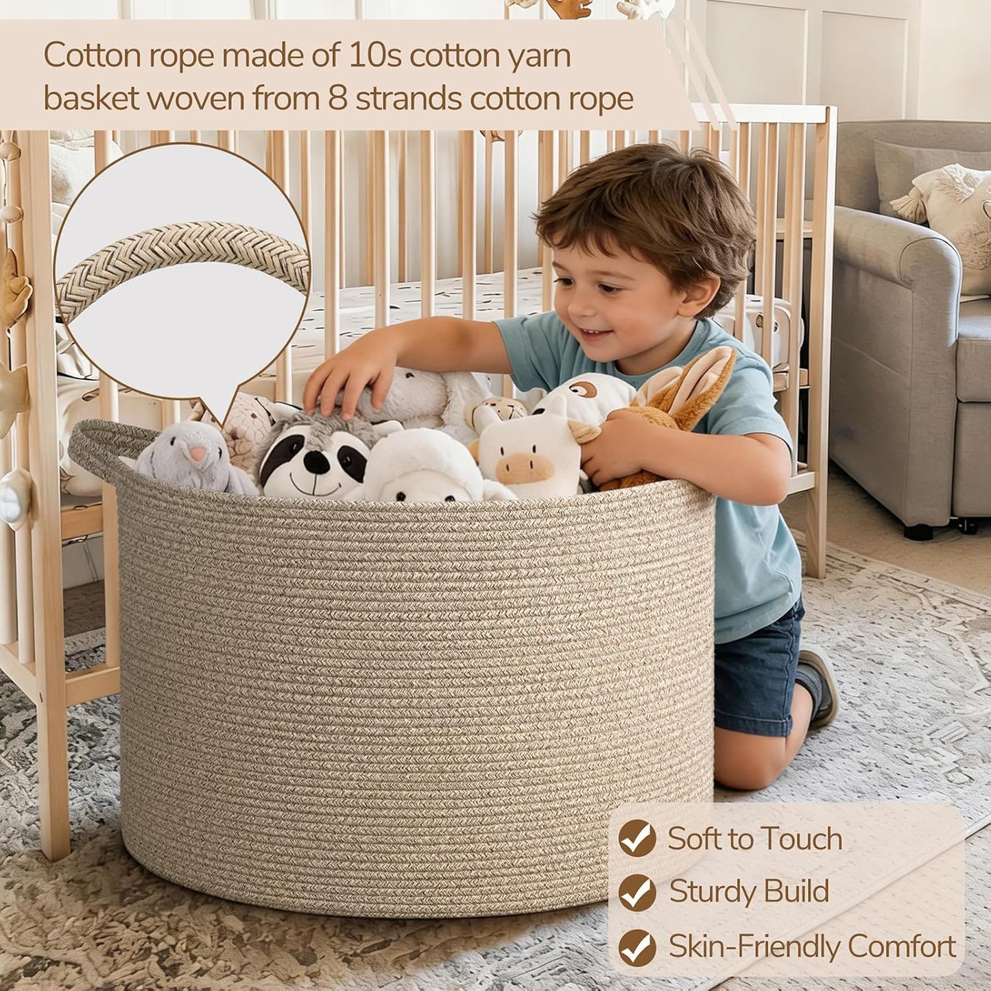 INDRESSME XXXLarge Blanket Basket for Living Room 21.7" x 21.7" x 13.8"-Storage Basket with Handle for Organizing Toy Pillows Woven Cotton Rope Laundry Basket Stuffed Animal Toy Storage for Play Room