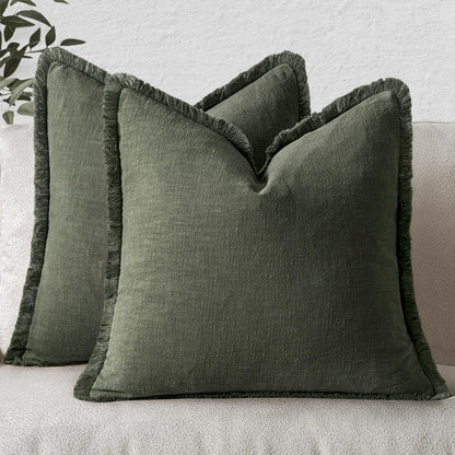 MIULEE Decorative Throw Pillow Covers Neutral Linen Fringe Throw Pillows Set of 2 Natural Beige Boho Farmhouse Cushion Covers with Tassels for Couch Sofa Bed Spring Home Decor 20x20 Inch
