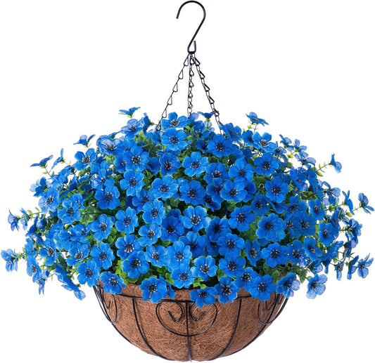 HyeFlora Artificial Faux Hanging Plants Flowers Basket for Summer Outdoor Outside Decoration, Fake Silk UV Sun Resistant Look Real Colorful Daisy Eucalyptus for Porch Home Patio Balcony Yard