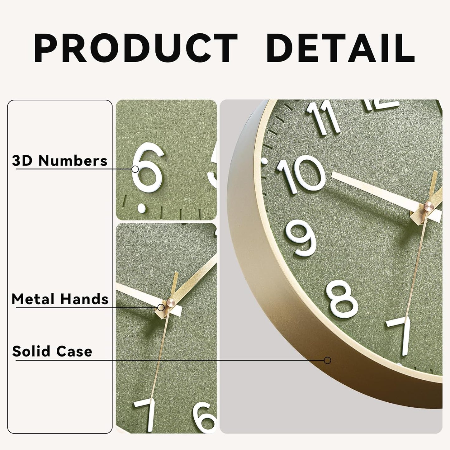 Roymnie Wall Clock Green, Silent Wall Clocks Battery Operated 8 Inch-Modern Non Ticking Analog Clock Decorative for Kitchen Office Bathroom Bedroom(Gold)
