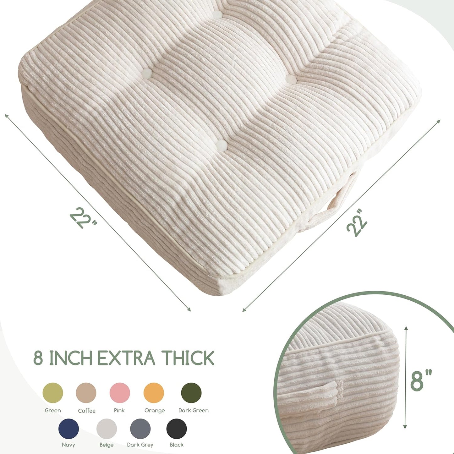 HIGOGOGO 6" Extra Thick Floor Pillow Cushion for Adults, Meditation Cushion Pillow, Large Square Floor Sitting, Tufted Corduroy Cover, for Tatami Living Room or Yoga, 22x22 Inch, 2Pack, Dark Grey