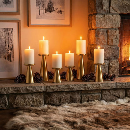 Gold Iron Plate Candle Holder Set of 3-4 & 4.7 & 6.4 Inch Tall, Decorative Iron Pillar Candle Plate, Elegant Candle Stand for LED & Wax Candles, Incense Cones, Spa, Weddings (Candles Not Including)