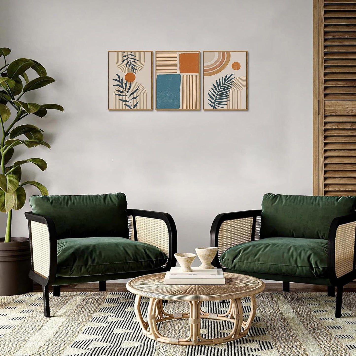 Bwodke Boho Wall Art, Framed Abstract Wall Art, Green Botanical Neutral Canvas Wall Decor, Large Mid Century Plant Pictures Set of 3, Modern Minimalist Paintings, for Bedroom Living Room Bathroom