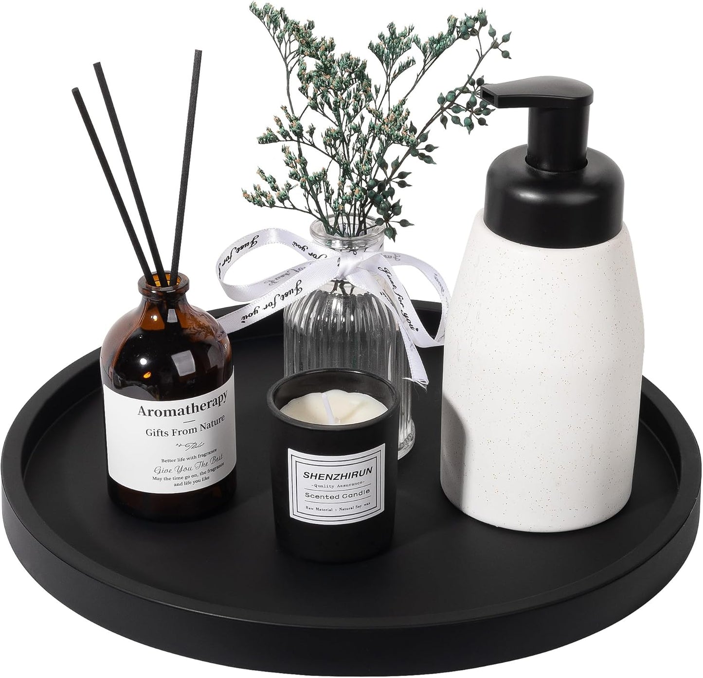 Silicone Bathroom Tray Round Vanity Tray Decorative Soap Holder Kitchen Countertop Organizer Coffee Table Decor for Candle, Perfume, Plant, 9 Inch, Black
