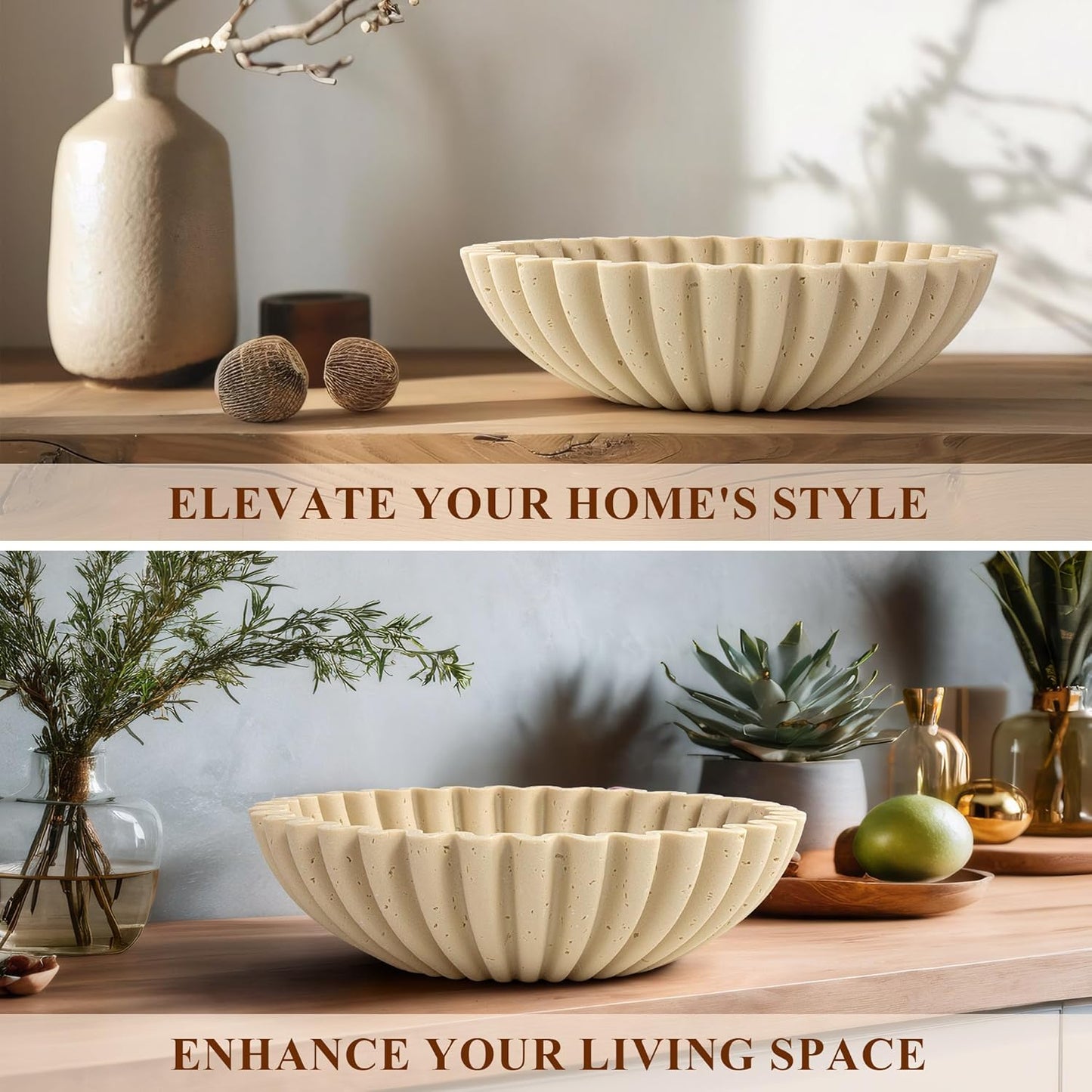 YMXYJM Large Decorative Bowl, Modern Handicraft Bowls for Home Decor, Fruit Bowl for Kitchen Counter, Ruffle Decor, Stylish Key Bowl for Entry Table, Artificial Stone Beige