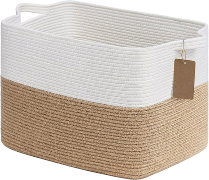 Goodpick Woven Storage Basket, Cotton Rope Basket for Dog Toys, Books, Stylish Gift Basket with Handles, 13 x 10 x 9 Inches Square Baskets for Organizing, Brown and White