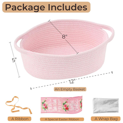 Small Woven Gift Basket Empty with Bag & Ribbon - Gifts for Mom, Baby Shower, Birthdays & Raffle - Cotton Rope Storage Basket for Dog Toys or Shelf - 12"x8"x5", White