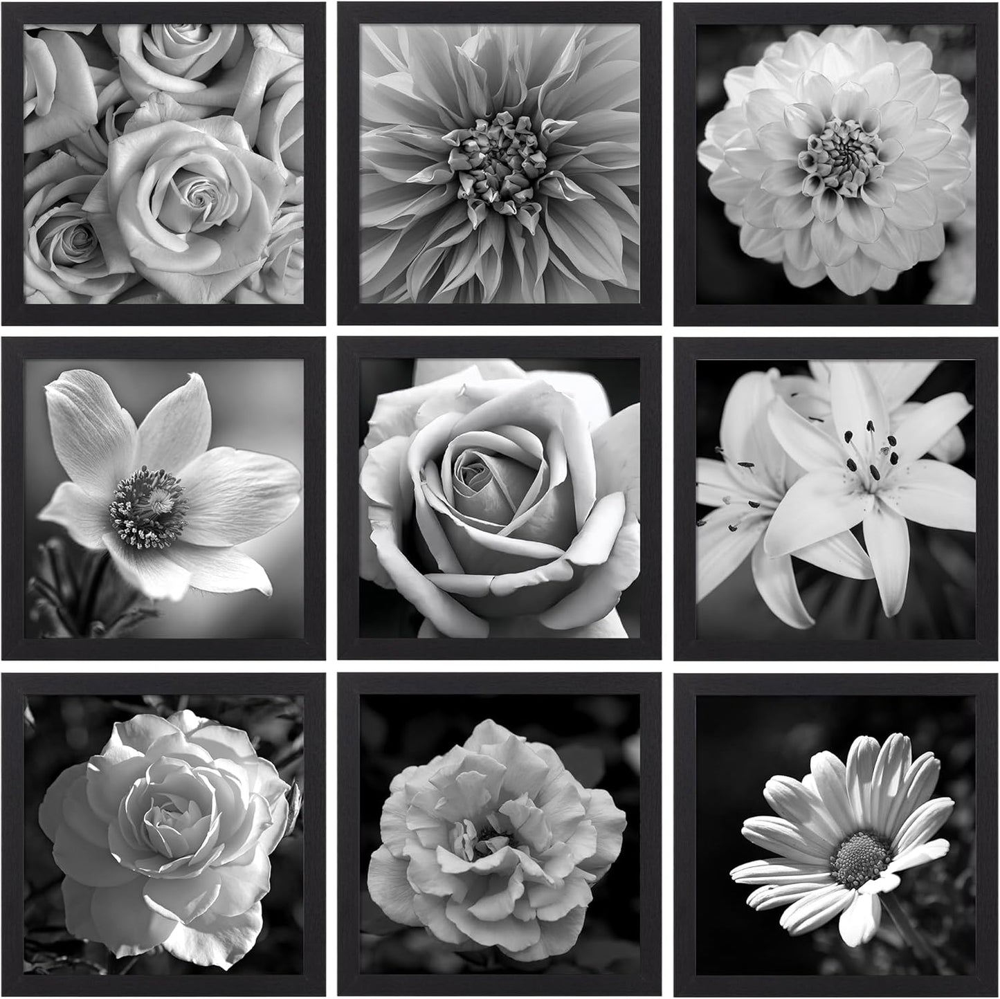 eletecpro 12x12 Picture Frames Set of 9 with Clear Acrylic Cover, Display 8x8 Photos with Mat or 12x12 Without, Classic and Sturdy Square Collage Gallery Wall Decor, Easy Wall Mount, Black