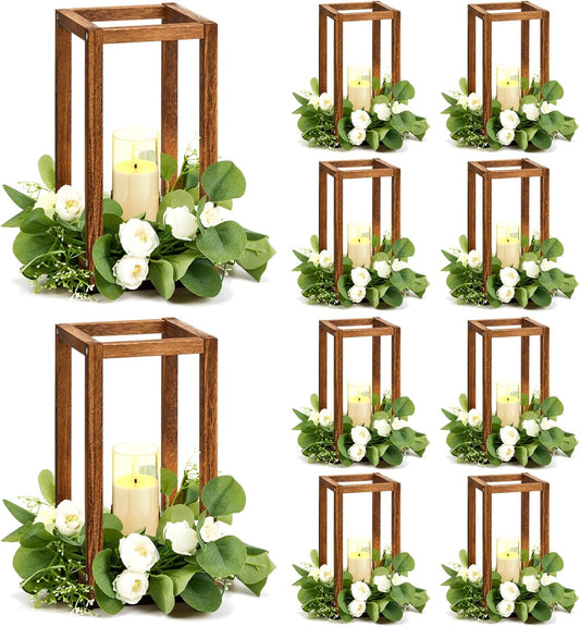 Sabary 5 Sets/ 10 Pcs Wooden Lantern Candle Holders with Candles for Wedding Decoration Vintage Table Centerpiece Farmhouse Rustic Candle Lantern for Indoor Fireplace Dining Party Decor (Caramel)