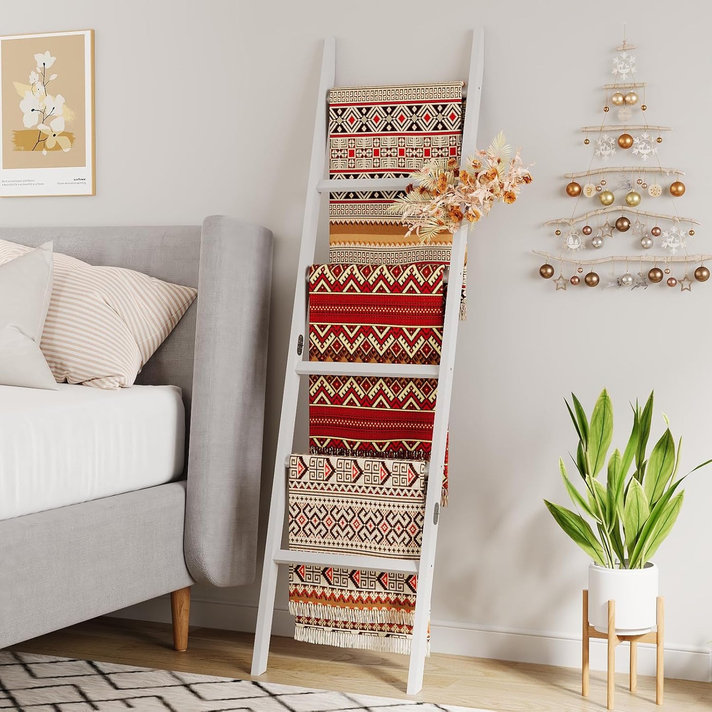Blanket Ladder Towel Racks For Bathroom 5 Layers Towel Holder 100% Bamboo Wood Sturdy Construction No Need Wall Drilling Quilt Scarf Storage Solution Decorative Leaning Shelf for Living Room (White)