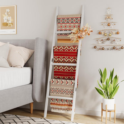 Blanket Ladder Towel Racks For Bathroom 5 Layers Towel Holder 100% Bamboo Wood Sturdy Construction No Need Wall Drilling Quilt Scarf Storage Solution Decorative Leaning Shelf for Living Room (White)