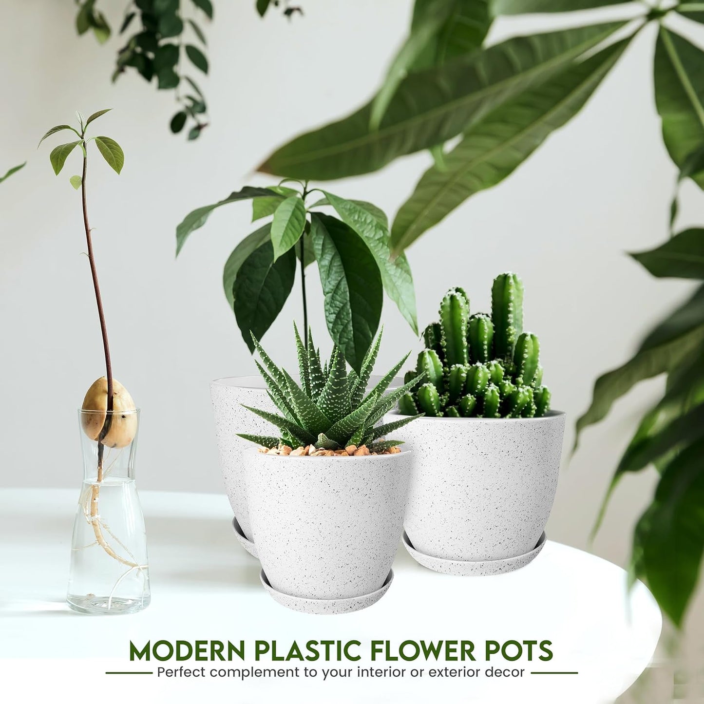 Utopia Home Plant Pots Indoor with Drainage Holes – Set of 5 White Plastic Flower Pots (7/6.6/6/5.3/4.8 Inch) – Modern Planters for Indoor Plants, Room & Office Décor, Great Stocking Stuffers