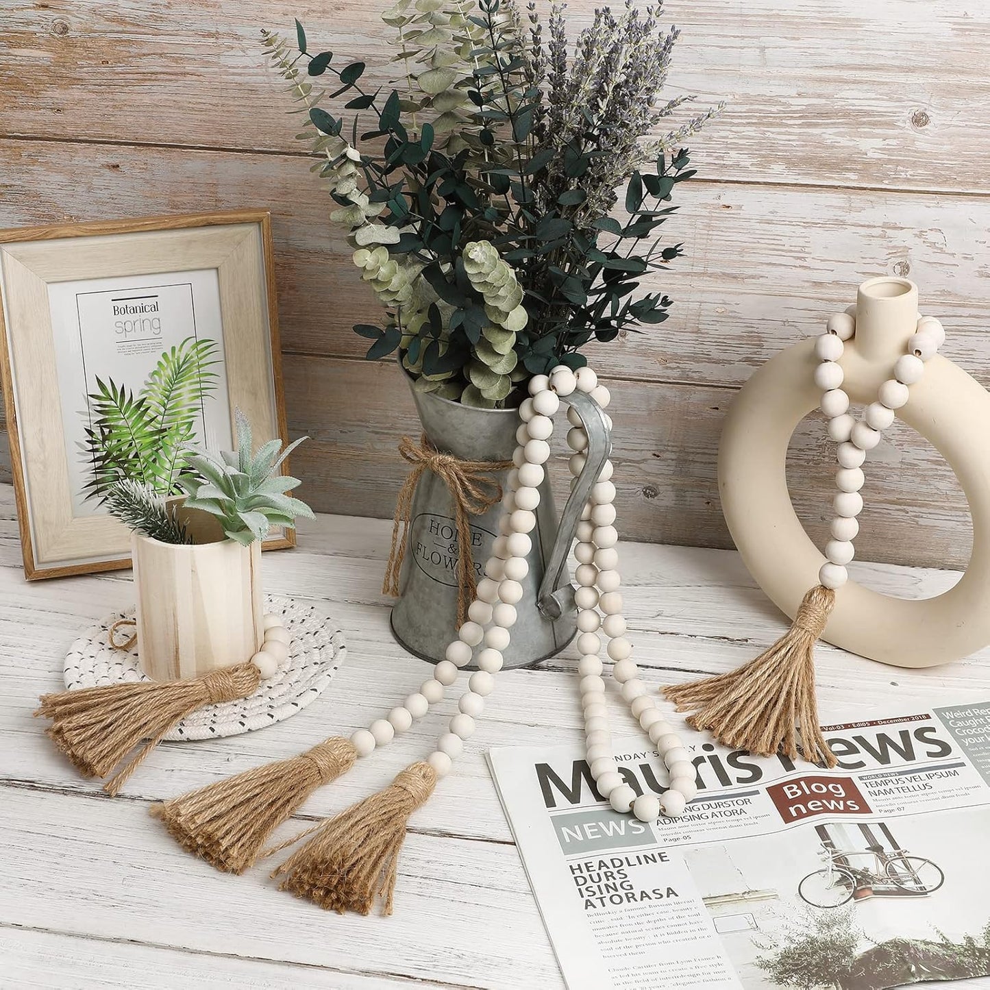 IMIKEYA Wooden Beads Garland: Farmhouse Wood Bead Garland with Tassels Boho Wall Hanging for Home Decor Tiered Tray Rustic Wood Prayer for Coffee Table Decor