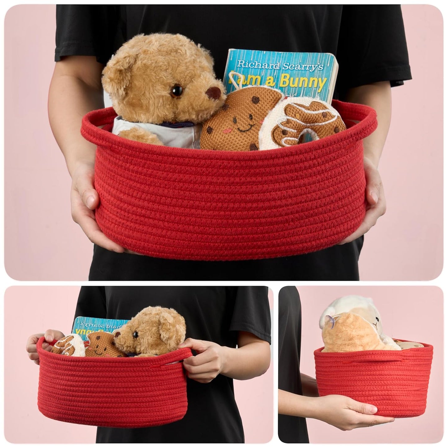 Small Woven Gift Basket Empty with Bag & Ribbon - Gifts for Mom, Baby Shower, Birthdays & Raffle - Cotton Rope Storage Basket for Dog Toys or Shelf - 12"x8"x5", White