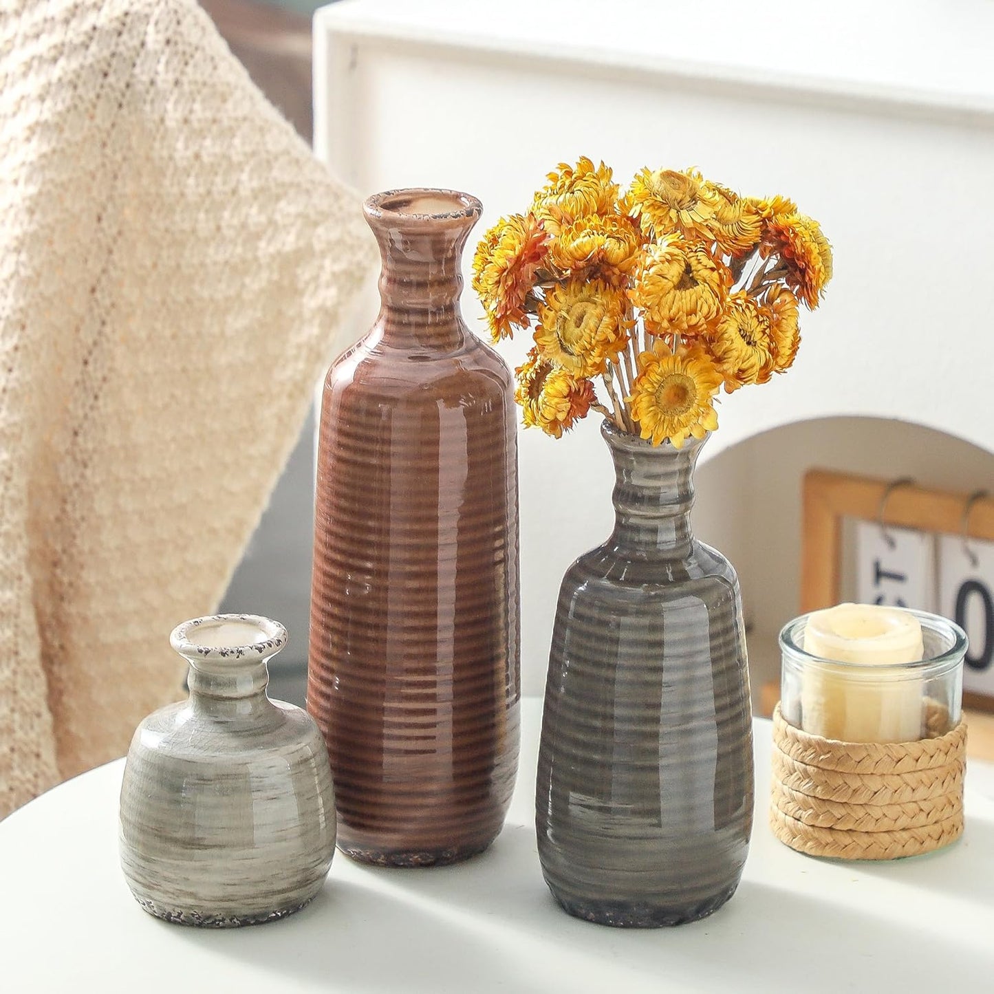 Ceramic Vase Set of 3 | Neutral Vase Home Decor with Handle | Pottery Modern Farmhouse Vases Pampas Grass Flower Vases for Home Decor Table Living Room Centerpieces Mantel Decor - Multicolor
