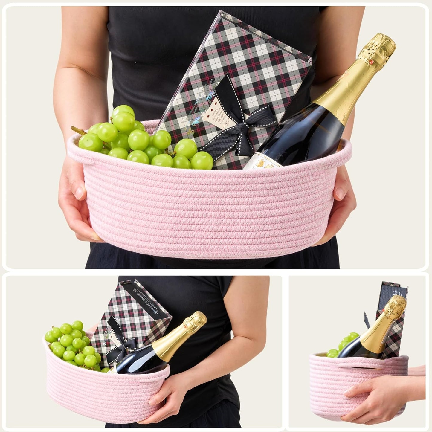 Small Woven Gift Basket Empty with Bag & Ribbon - Gifts for Mom, Baby Shower, Birthdays & Raffle - Cotton Rope Storage Basket for Dog Toys or Shelf - 12"x8"x5", White